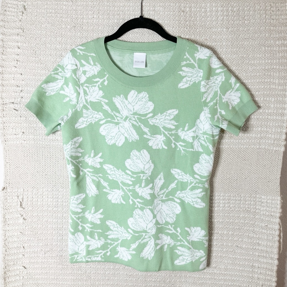 MADELEINE green and white floral short sleeve sweater S